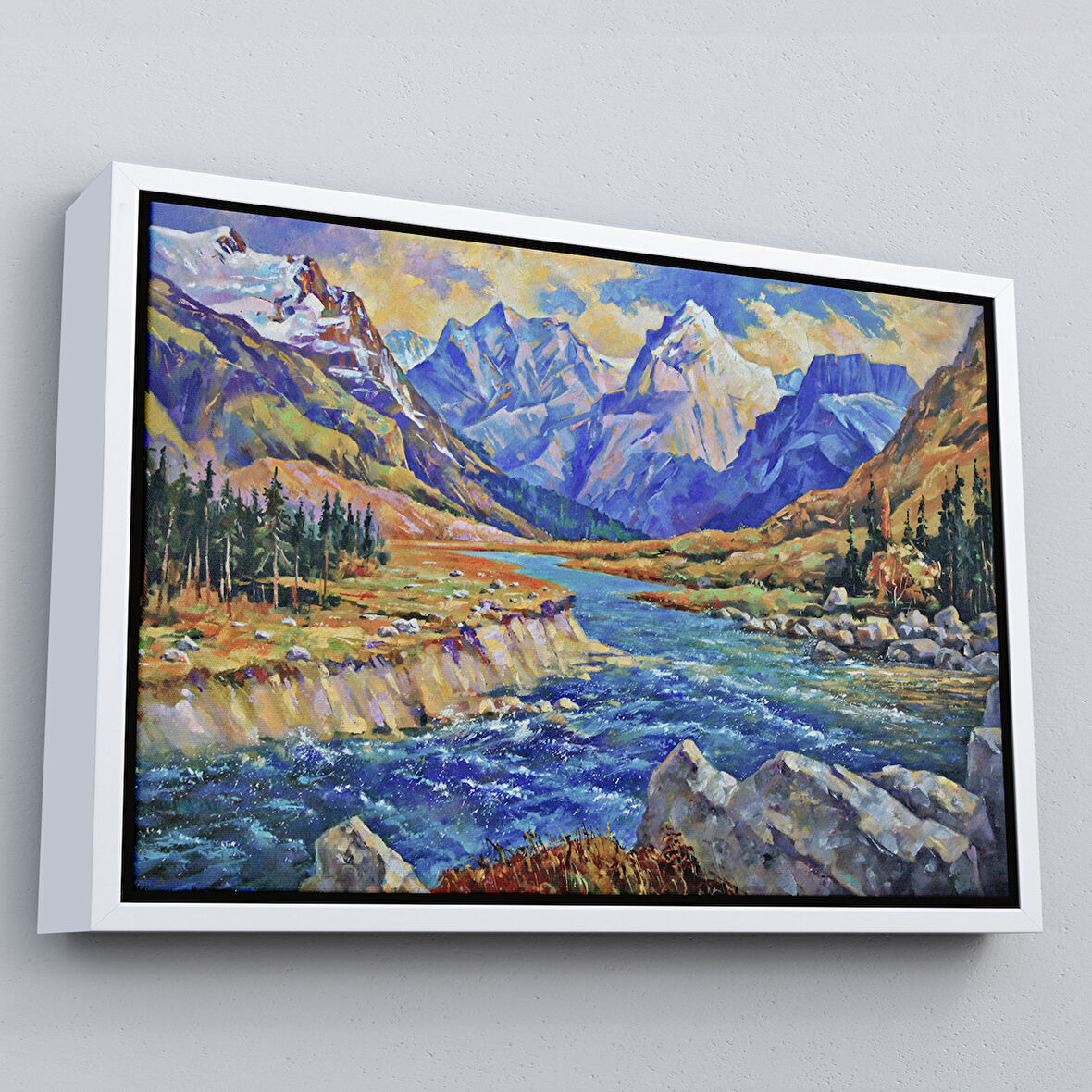 Beyaz Çerçeveli Kafkas Dağları Manzaralı Yağlıboya Görünüm Dekoratif Tablo