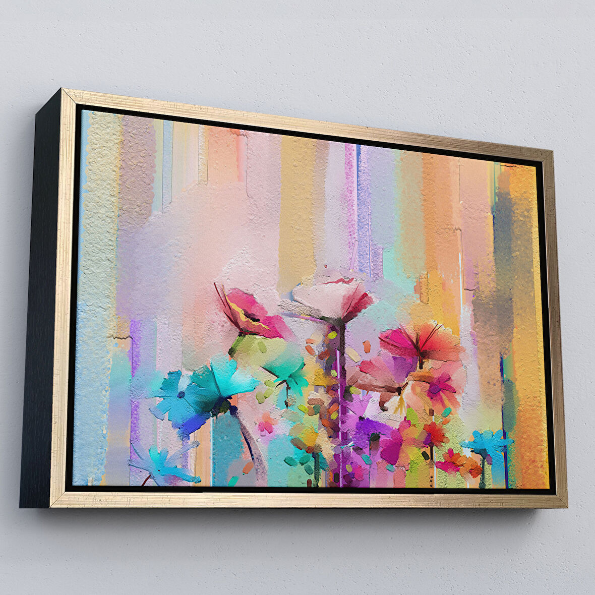 Altın Çerçeveli Fırça Darbeli Soyut Çiçek Yağlıboya Görünüm Kanvas Tablo