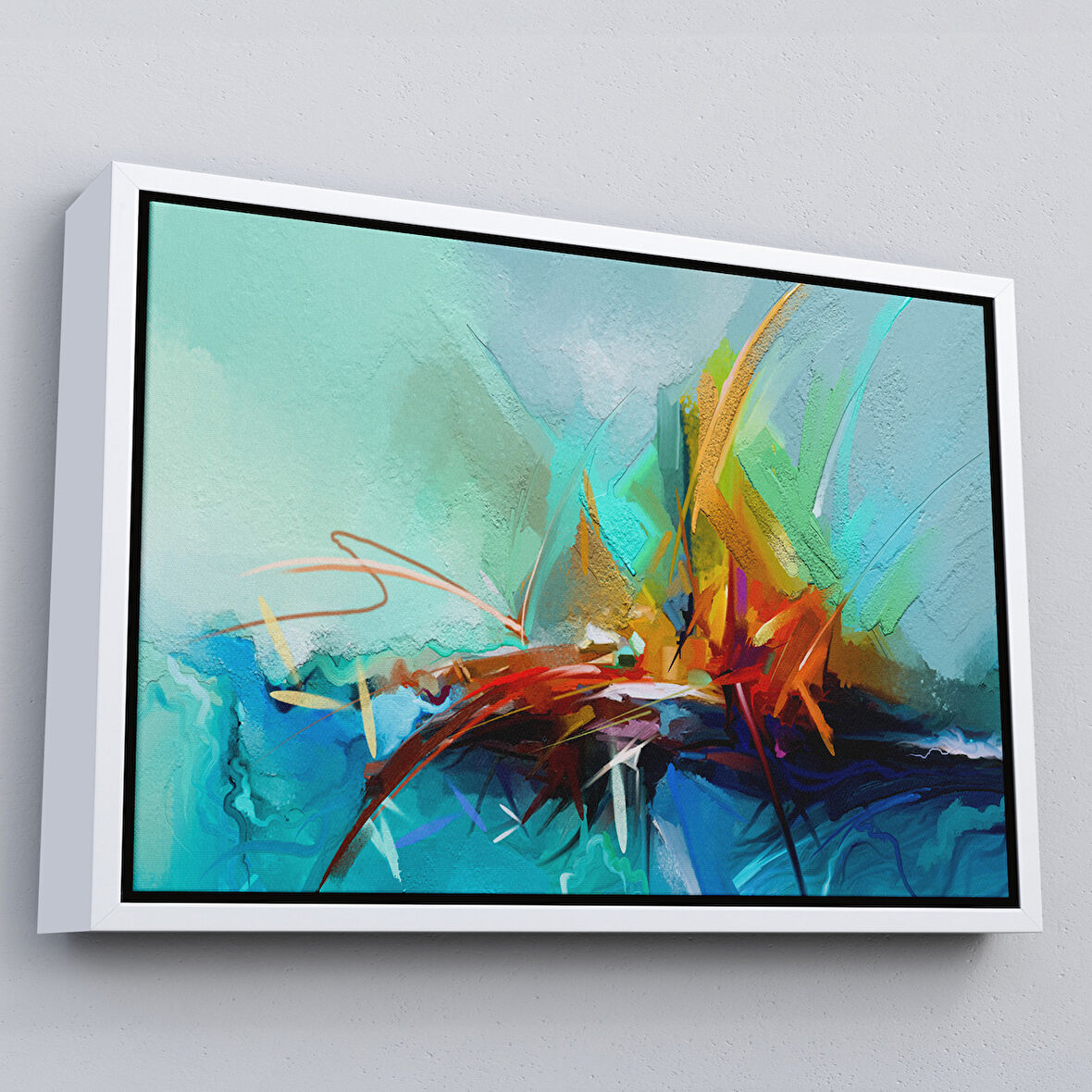 Beyaz Çerçeveli Çağdaş Sanat Soyut Yağlıboya Görünüm Dekoratif Tablo