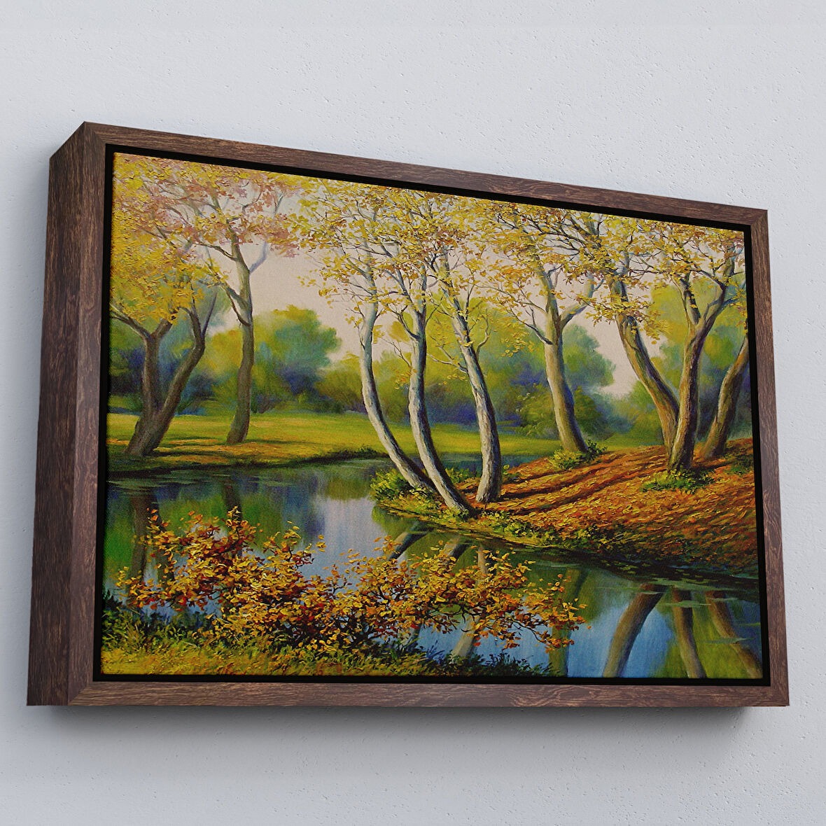 Kahverengi Çerçeveli Nehir Manzaralı Yağlıboya Görünüm Dekoratif Kanvas Duvar Tablosu
