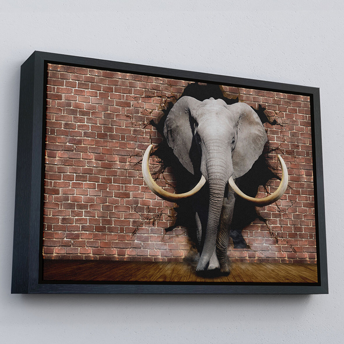 Siyah Çerçeveli Duvardan Çıkan Fil Dekoratif Kanvas Duvar Tablosu
