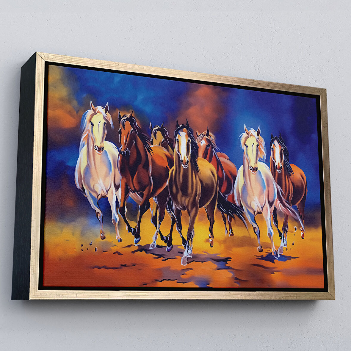 Altın Çerçeveli Koşan Atlar Yağlıboya Görünüm Dekoratif Kanvas Tablo