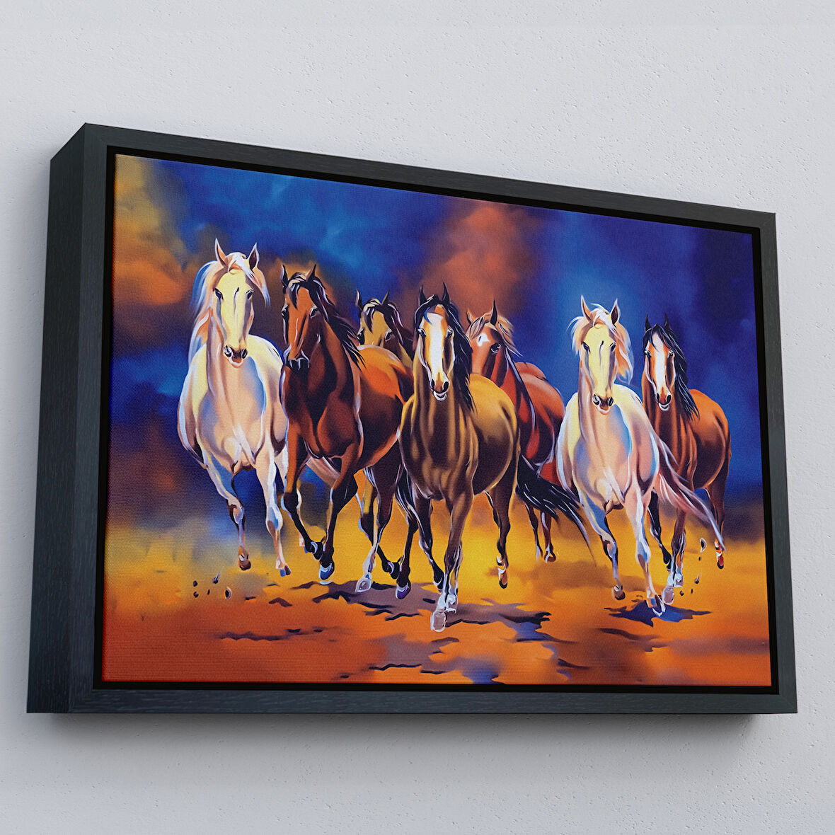 Siyah Çerçeveli Koşan Atlar Yağlıboya Görünüm Dekoratif Kanvas Tablo