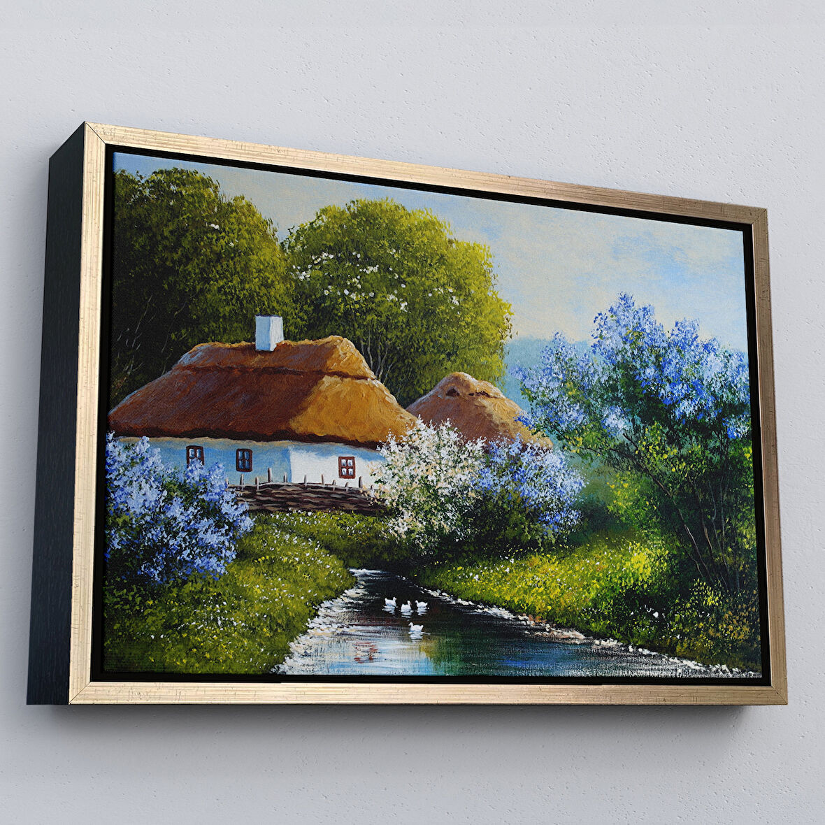 Altın Çerçeveli Akarsu Kenarındaki Köy Evi Yağlıboya Dekoratif Kanvas Duvar Tablosu
