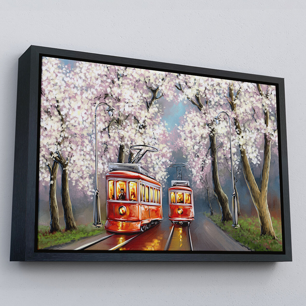 Siyah Çerçeveli Kırmızı Tranvaylar Yağlıboya Görünüm Dekoratif Kanvas Duvar Tablosu