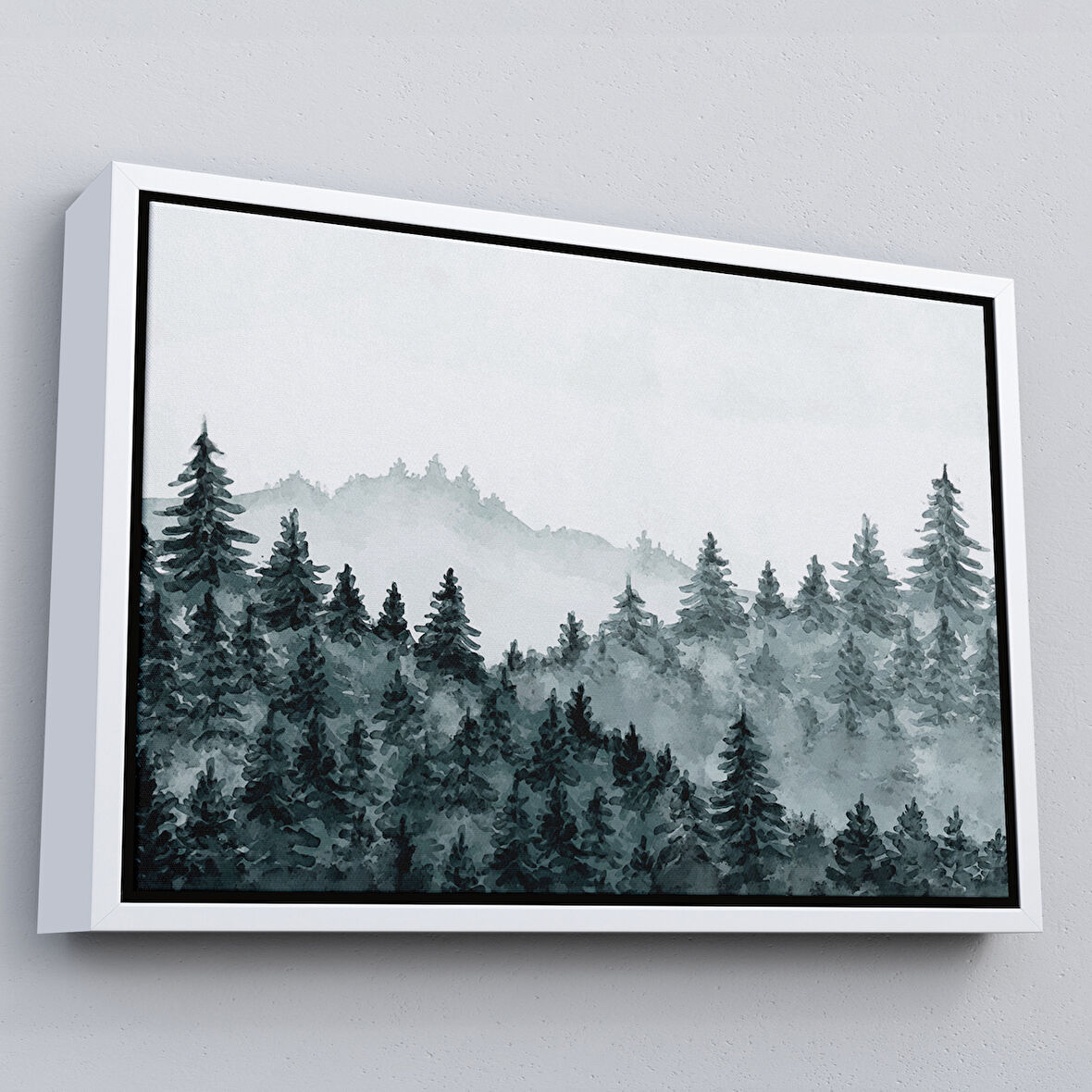 Beyaz Çerçeveli Suluboya Görünümlü Orman Manzarası Dekoratif Kanvas Duvar Tablosu