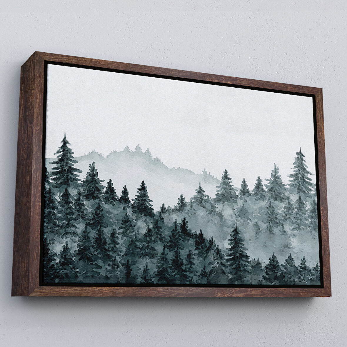 Kahverengi Çerçeveli Suluboya Görünümlü Orman Manzarası Dekoratif Kanvas Duvar Tablosu