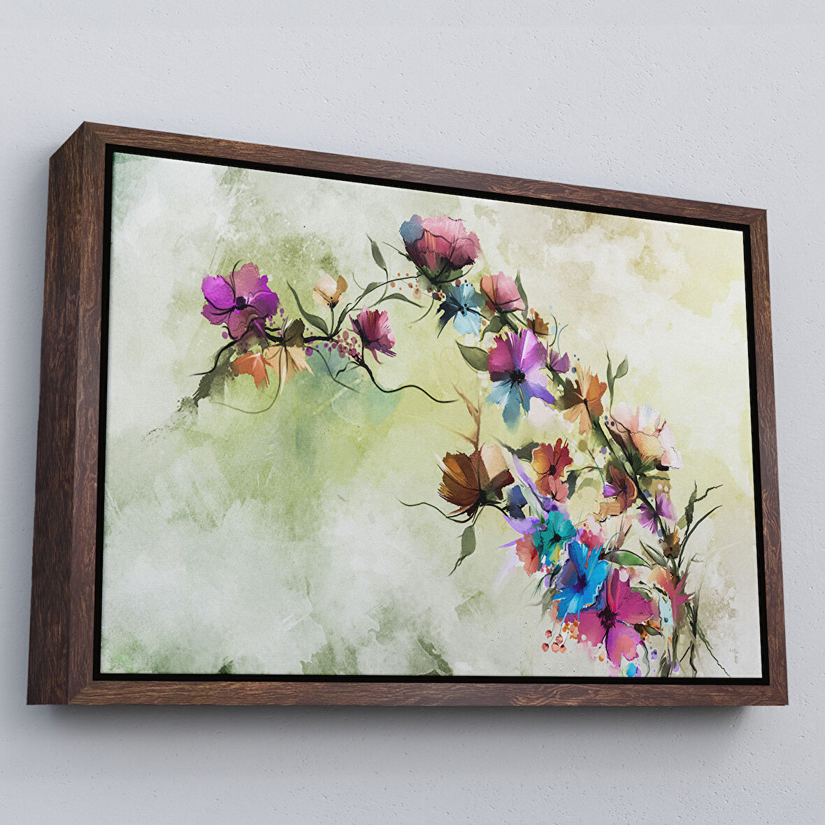 Kahverengi Çerçeveli Soyut Bahar Çiçekleri Duvar Tablosu