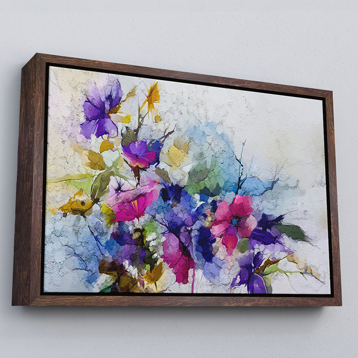 Kahverengi Çerçeveli Modern Sanat Soyut Çiçekler Dekoratif Kanvas Duvar Tablo