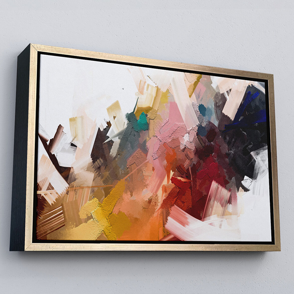 Altın Çerçeveli Fırça Darbeli Soyut Modern Sanat Yağlıboya Görünüm Tablo