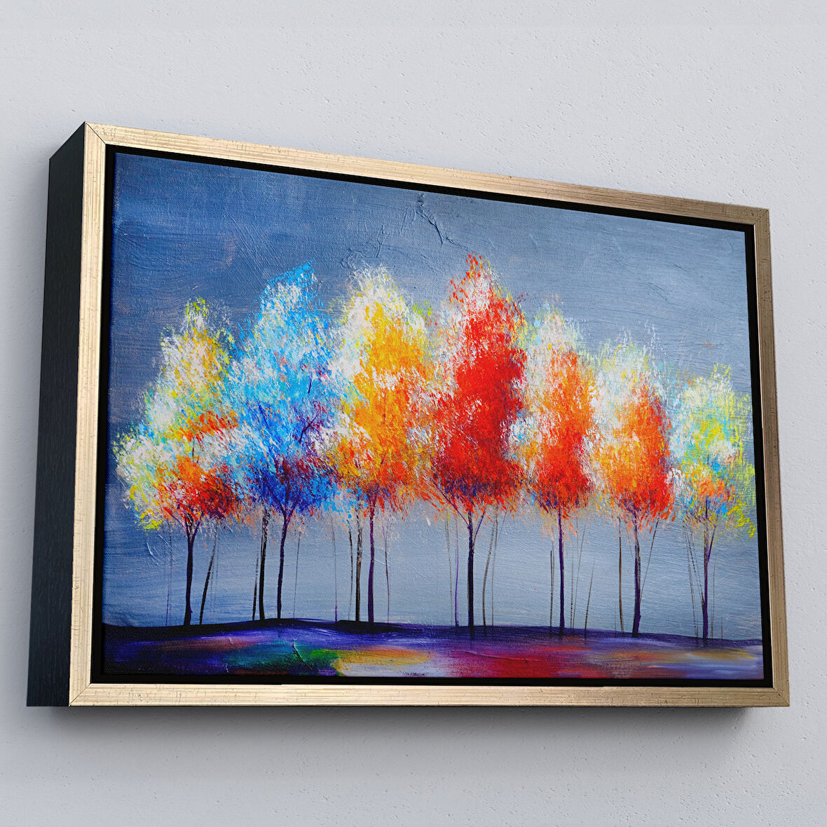 Altın Çerçeveli Renkli Ağaçlar Yağlıboya Görünüm Dekoratif Kanvas Duvar Tablosu
