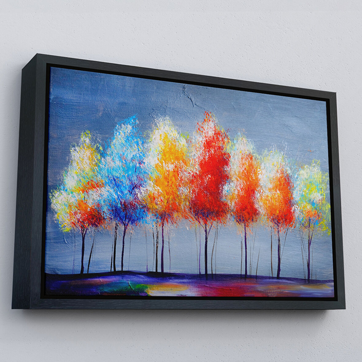 Siyah Çerçeveli Renkli Ağaçlar Yağlıboya Görünüm Dekoratif Kanvas Duvar Tablosu