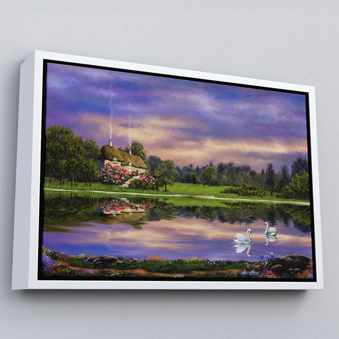 Beyaz Çerçeveli Göl Kıyısındaki Orman Evi Manzarası Yağlıboya Görünüm Dekoratif Kanvas Duvar Tablosu