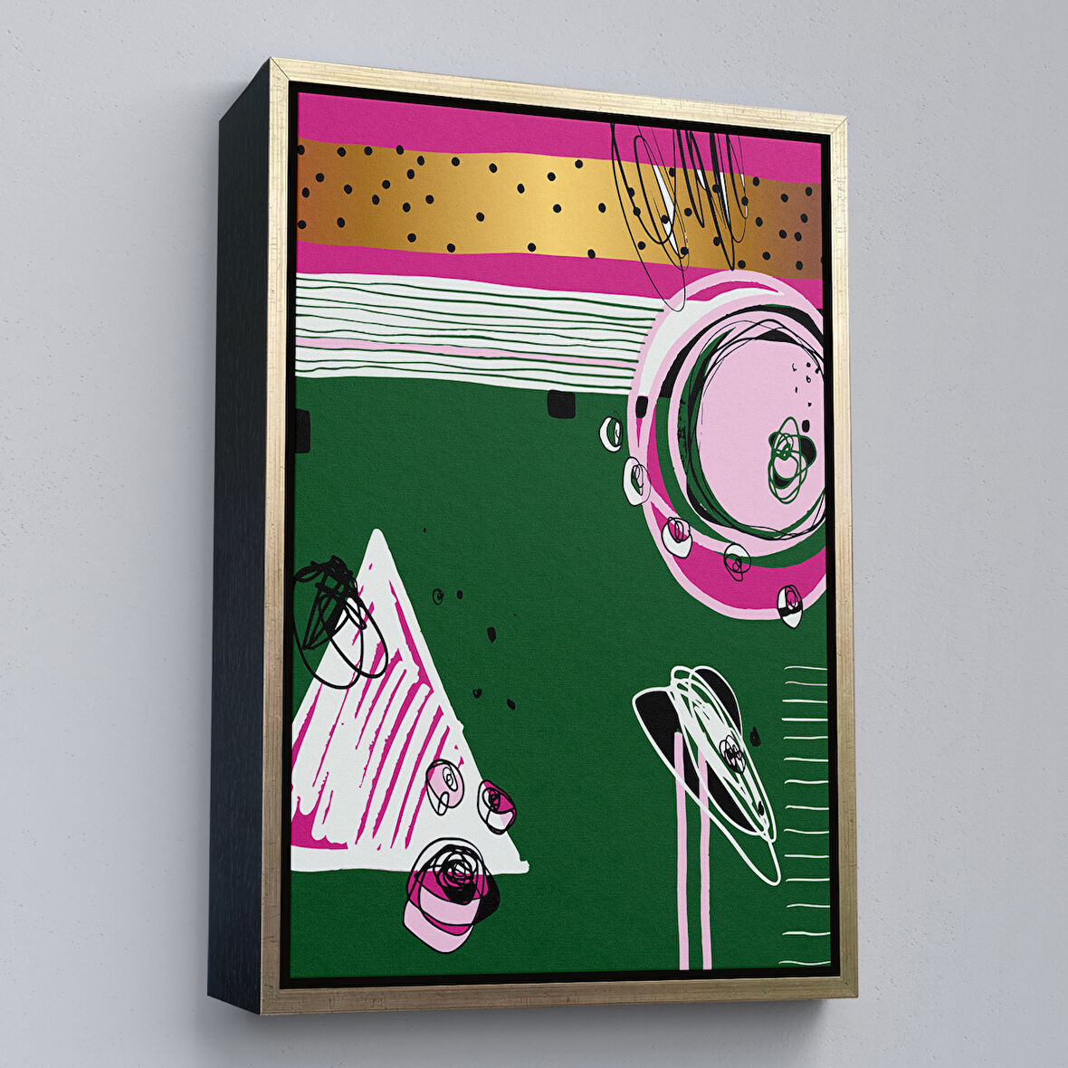 Altın Çerçeveli Renkli Soyut Geometrik Şekiller Tablosu