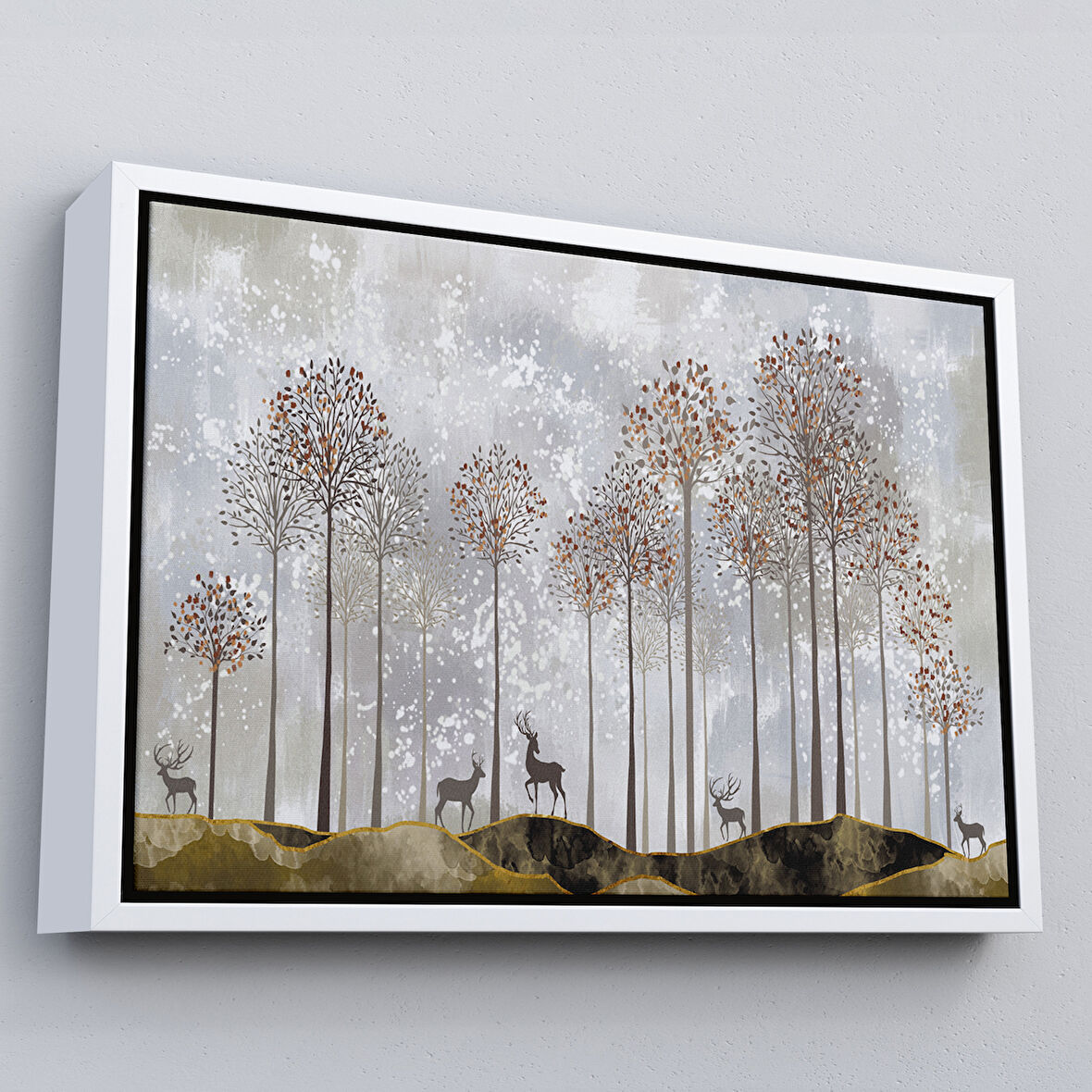 Beyaz Çerçeveli Ormandaki Geyikler Dekoratif Duvar Tablosu