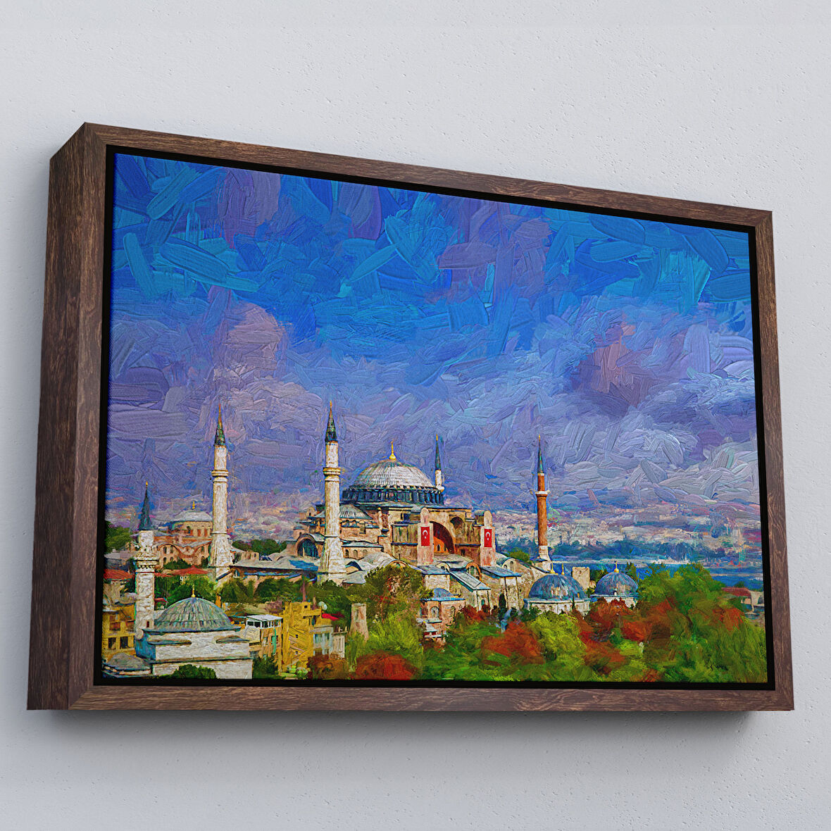 Kahverengi Çerçeveli Ayasofya Camii Yağlıboya Görünüm Kanvas Duvar Tablosu