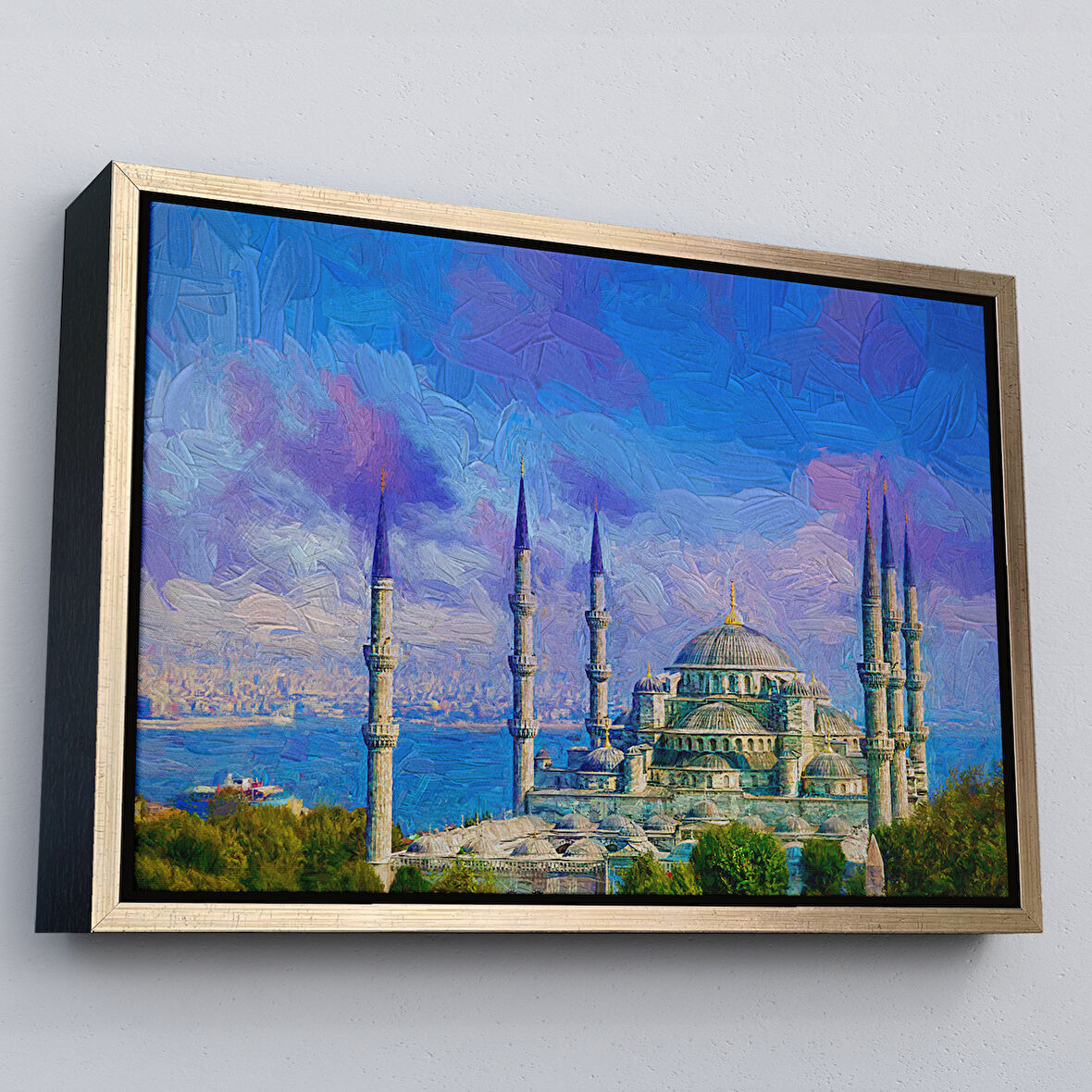 Altın Çerçeveli Sultan Ahmet Camii Yağlıboya Görünüm Kanvas Duvar Tablosu