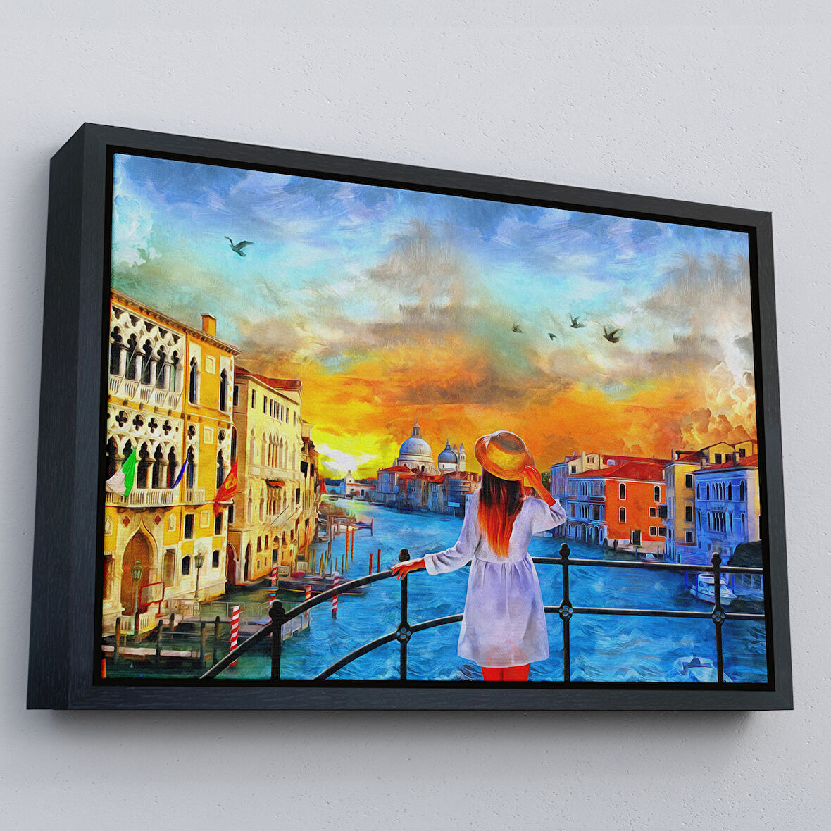 Siyah Çerçeveli Venedik Kanalını İzleyen Kız Yağlıboya Görünüm Dekoratif Kanvas Duvar Tablosu