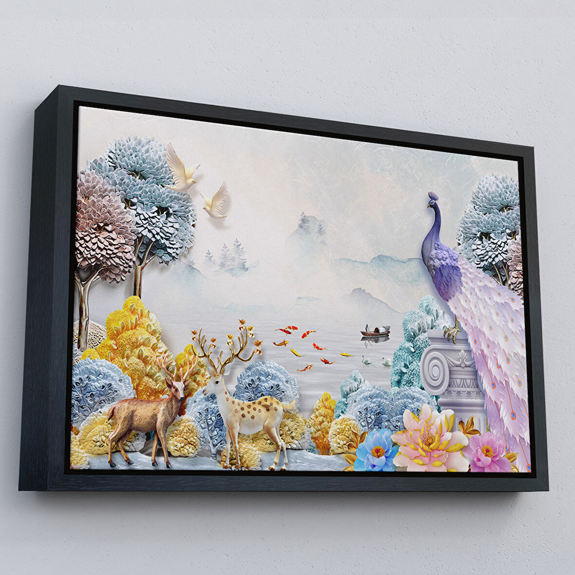 Siyah Çerçeveli Ormandaki Hayvanlar Dekoratif Kanvas Duvar Tablosu