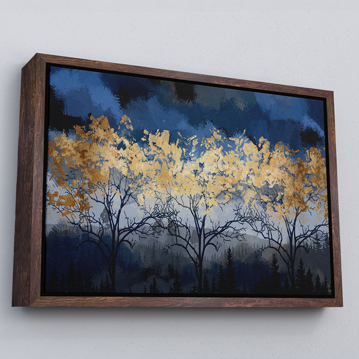 Kahverengi Çerçeveli Geceyarısı Orman Manzarazı Yağlıboya Görünüm Dekoratif Tablo