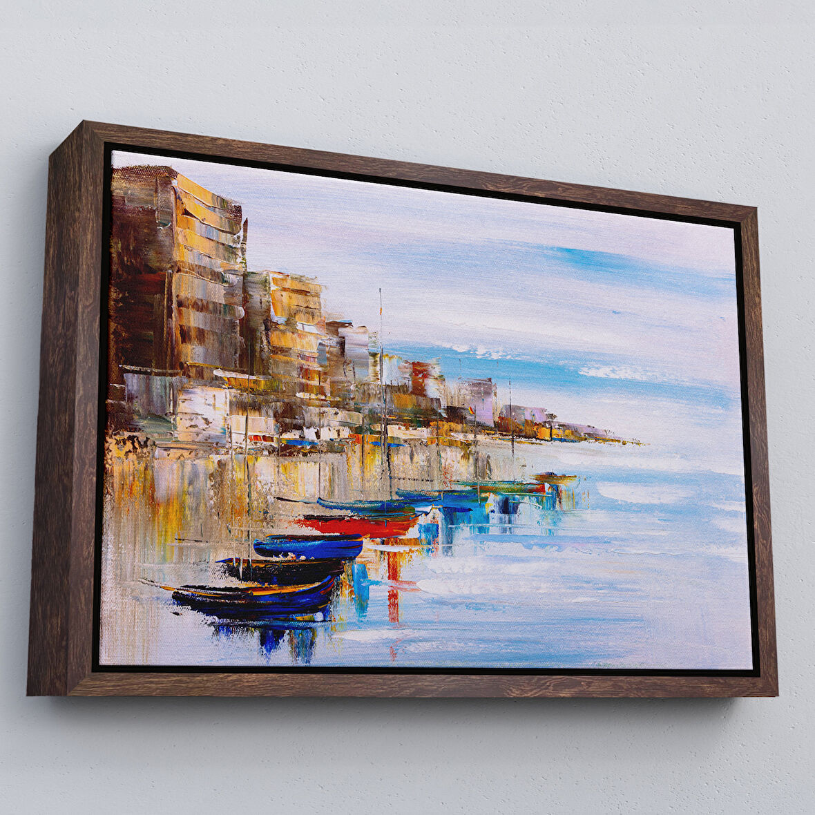 Kahverengi Çerçeveli Sahildeki Renkli Tekneler Dekoratif Kanvas Duvar Tablosu