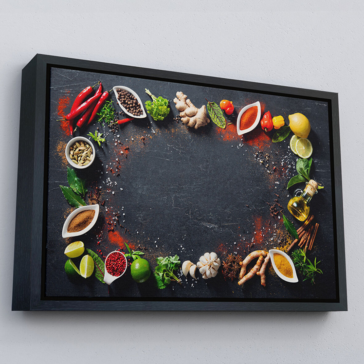 Siyah Çerçeveli Mutfak Masasındaki Baharatlar Dekoratif Kanvas Duvar Tablosu
