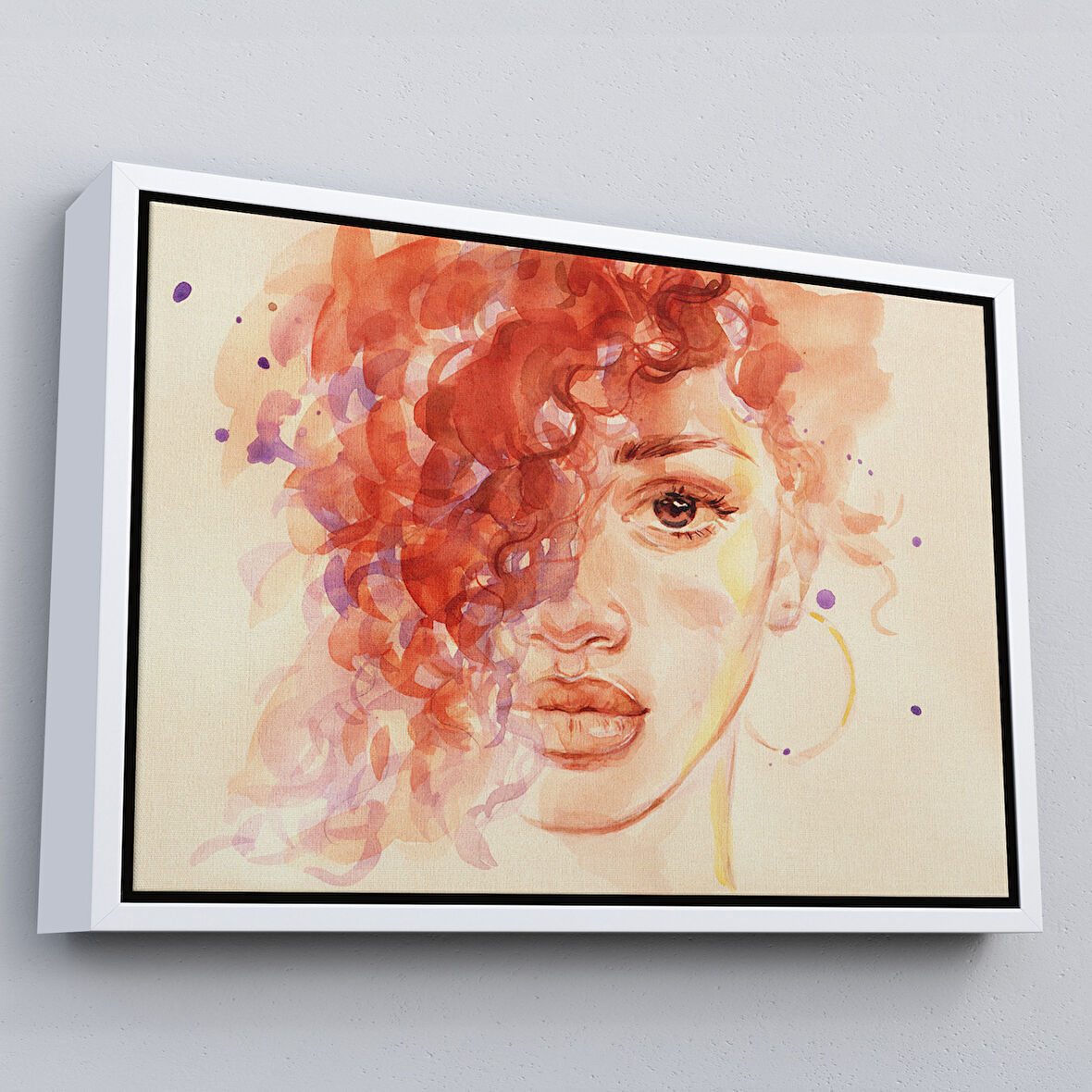 Beyaz Çerçeveli Afrikalı Kadın Suluboya Görünüm Dekoratif Kanvas Tablo