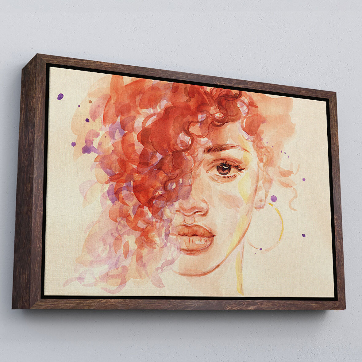 Kahverengi Çerçeveli Afrikalı Kadın Suluboya Görünüm Dekoratif Kanvas Tablo