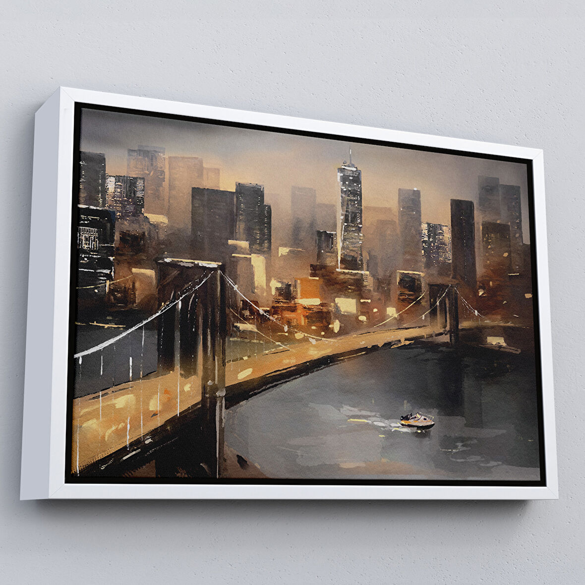 Beyaz Çerçeveli New York Nehir ve Köprü Manzarası Duvar Tablosu