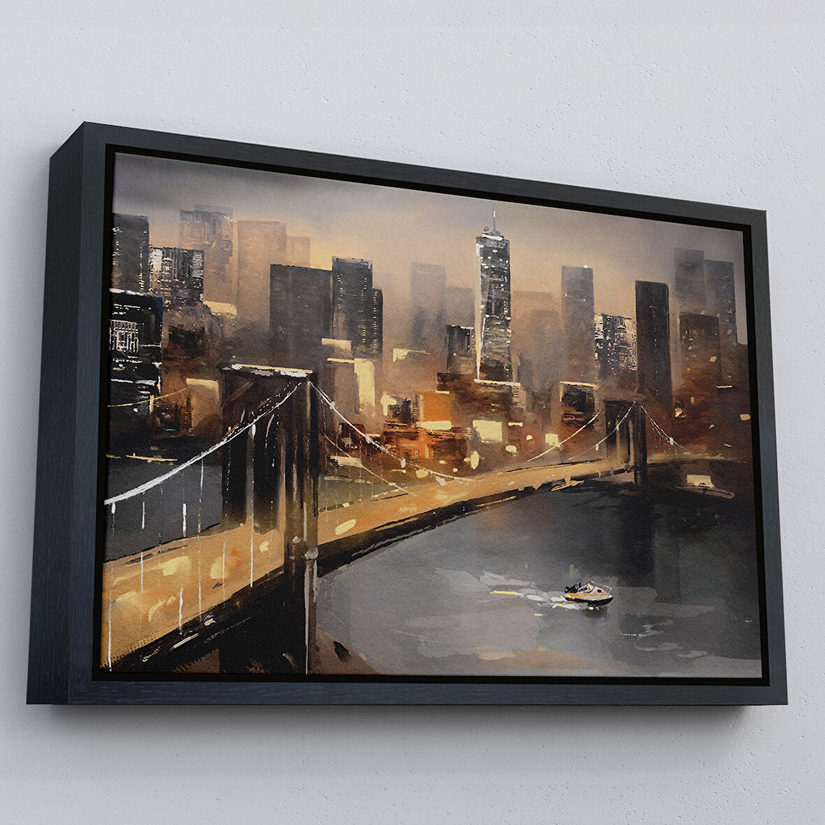 Siyah Çerçeveli New York Nehir ve Köprü Manzarası Duvar Tablosu