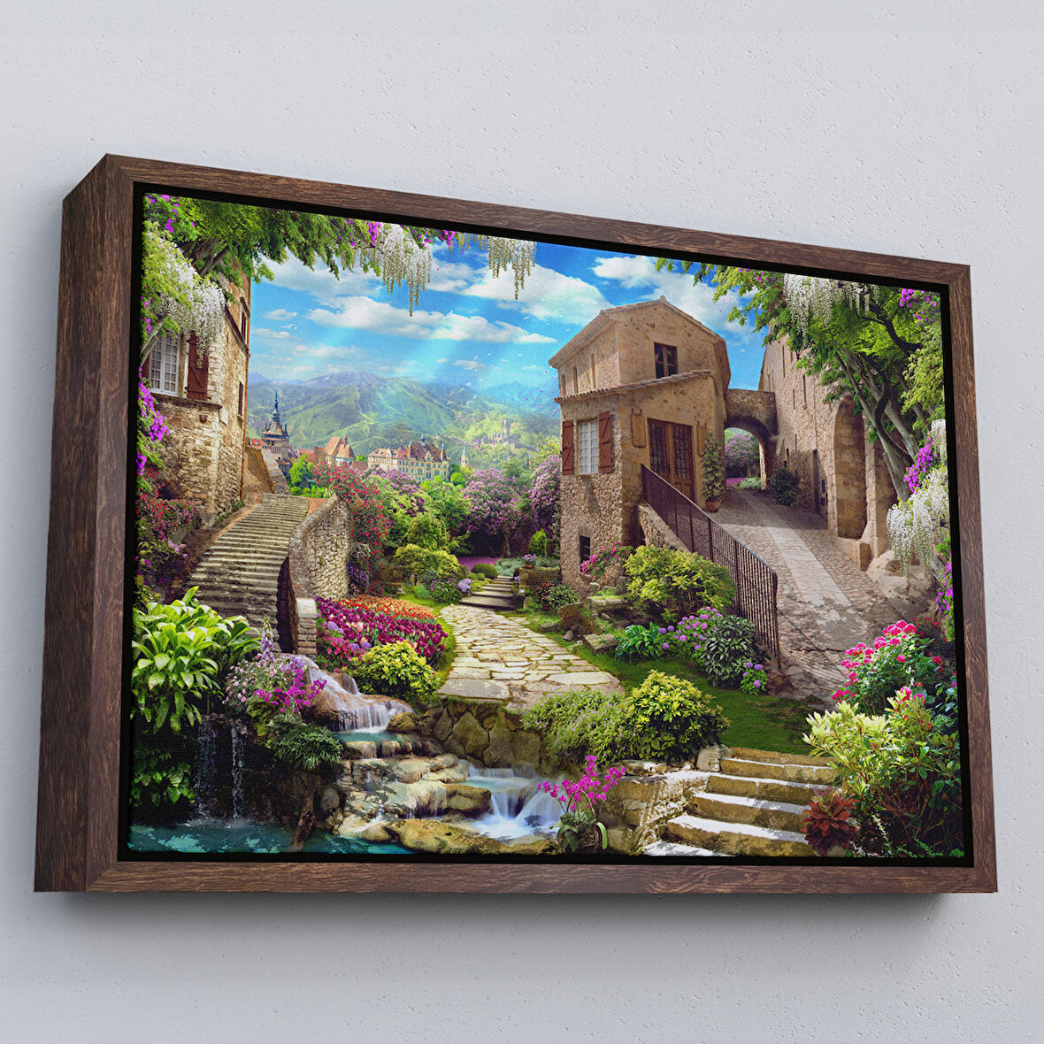 Kahverengi Çerçeveli Avrupa Ev Manzarası Dekoratif Kanvas Duvar Tablosu