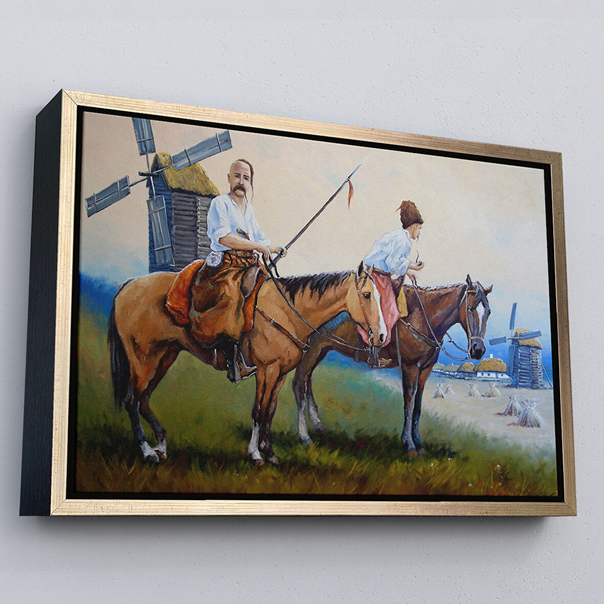 Altın Çerçeveli Kazakistan Kırsalında Atlı İnsanlar Yağlıboya Görünüm Kanvas Duvar Tablosu