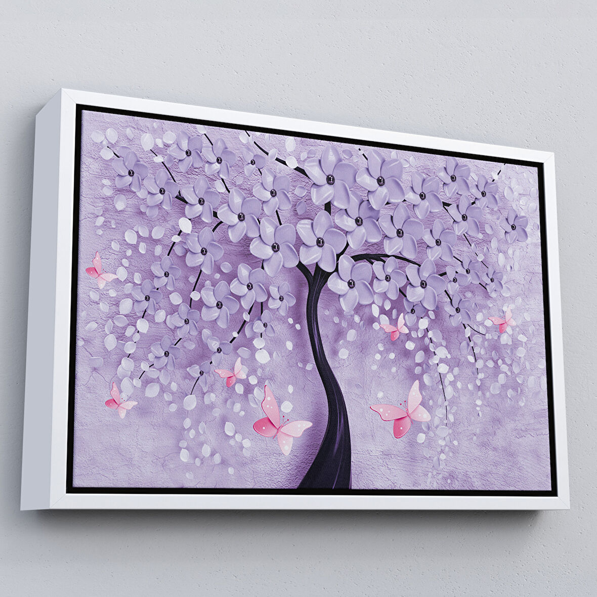 Beyaz Çerçeveli Mavi İnci Çiçekler ve Kelebekler Dekoratif Kanvas Duvar Tablosu