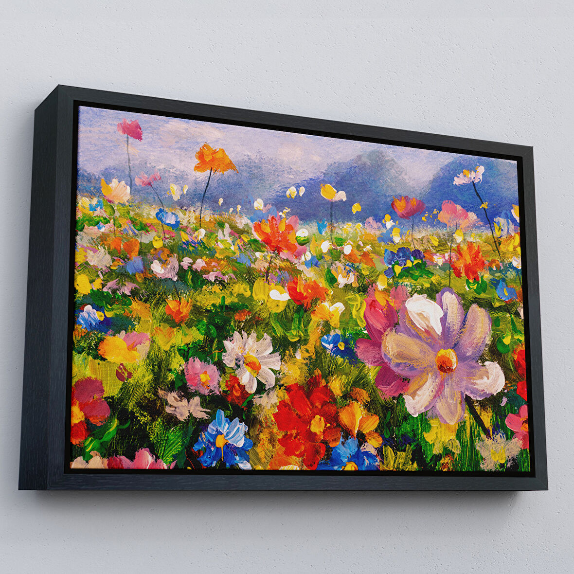 Siyah Çerçeveli Kır Çiçekleri Yağlıboya Görünüm Dekoratif Kanvas Duvar Tablosu