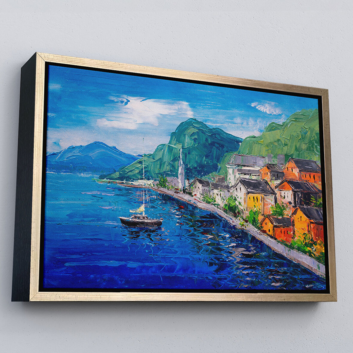 Altın Çerçeveli Hallstatt Avusturya Yağlıboya Görünüm Dekoratif Kanvas Duvar Tablosu