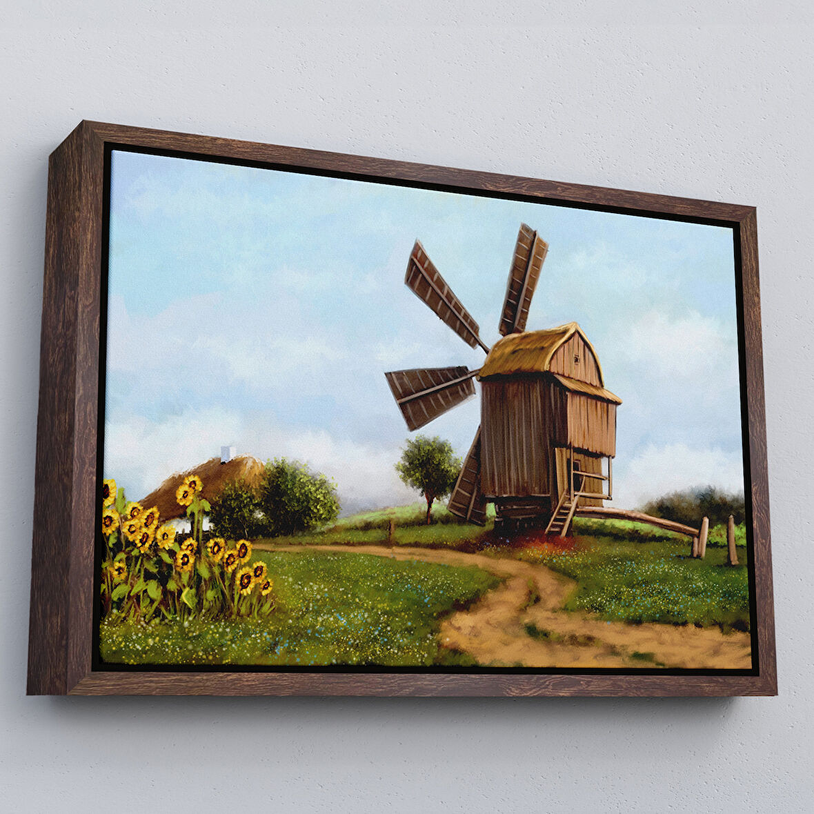 Kahverengi Çerçeveli Eski Yel Değirmeni Yağlıboya Görünüm Dekoratif Kanvas Duvar Tablosu