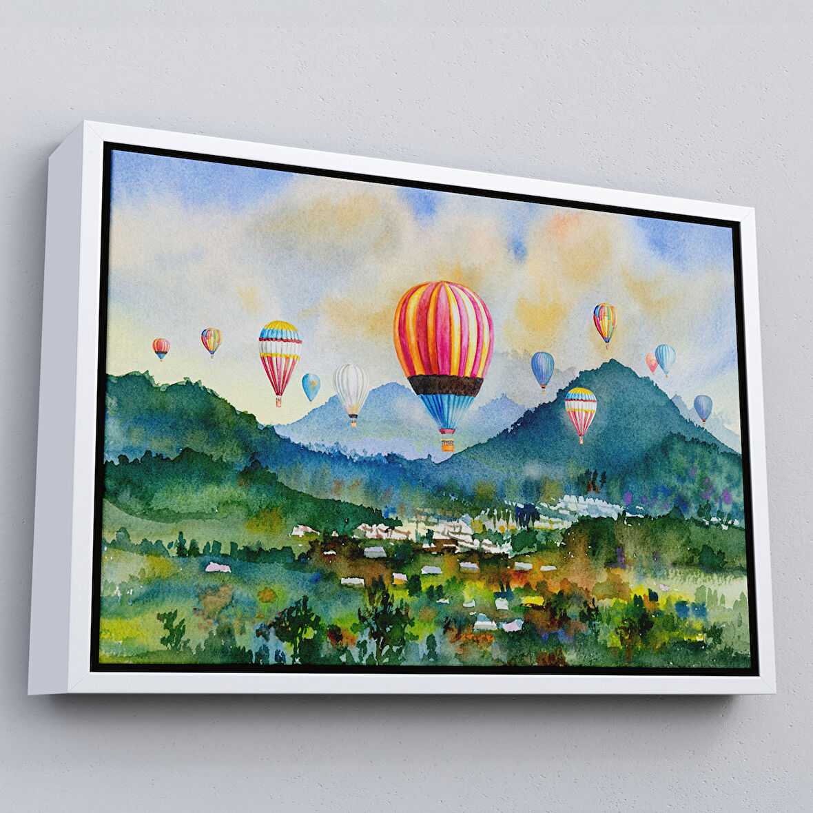 Kahverengi Çerçeveli Kapadokya Hava Balonları Yağlıboya Görünüm Dekoratif Kanvas Duvar Tablosu