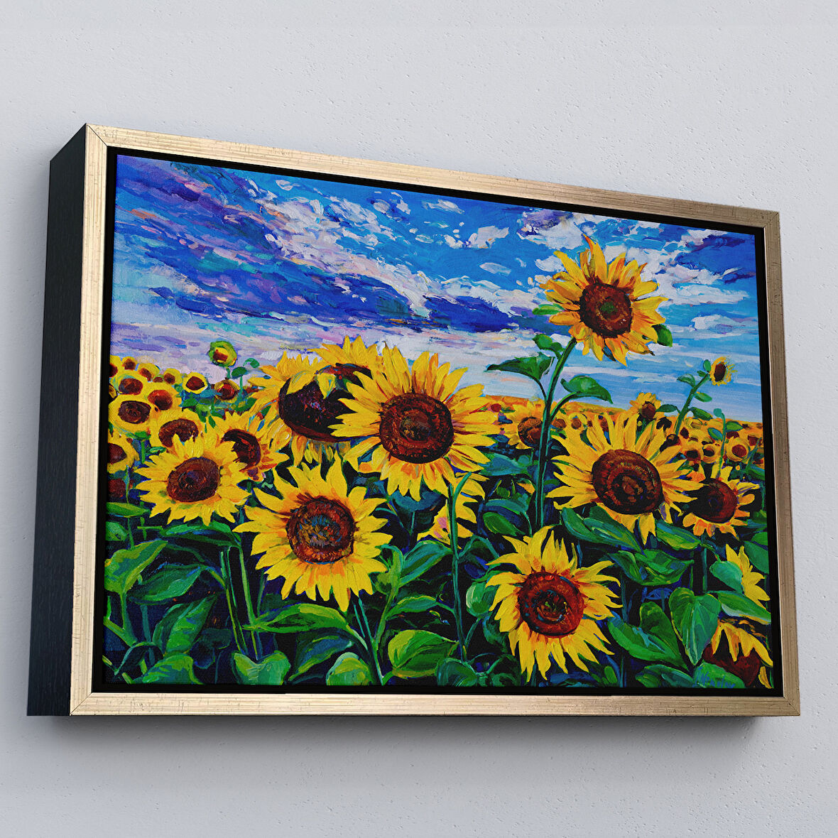 Altın Çerçeveli Ayçiçeği Tarlası Yağlıboya Görünüm Dekoratif Kanvas Duvar Tablosu