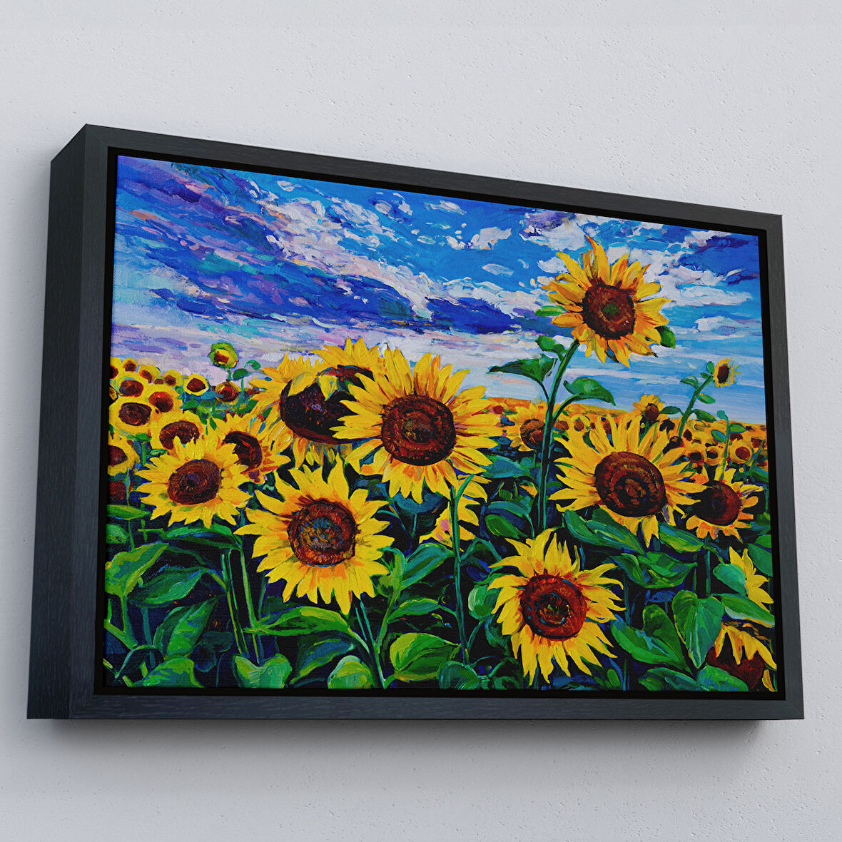 Siyah Çerçeveli Ayçiçeği Tarlası Yağlıboya Görünüm Dekoratif Kanvas Duvar Tablosu