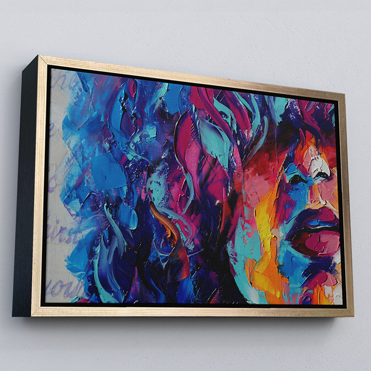 Altın Çerçeveli Güzel Kızın Soyut Resmi Yağlıboya Görünüm Dekoratif Kanvas Duvar Tablosu