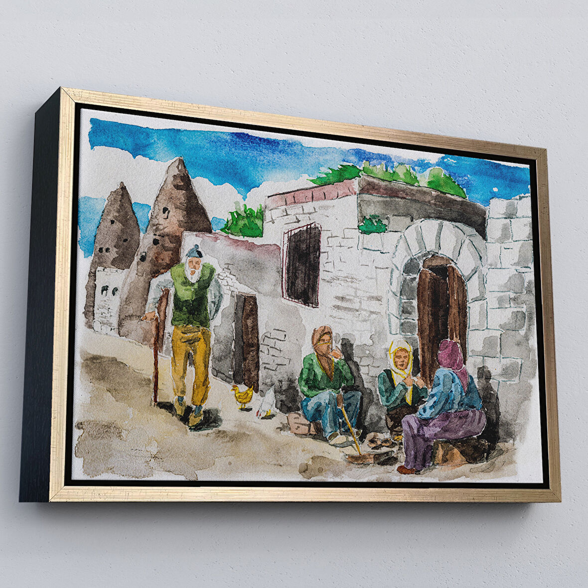 Altın Çerçeveli Kapadokya Göremede Bir Köy Suluboya Görünüm Dekoratif Tablo