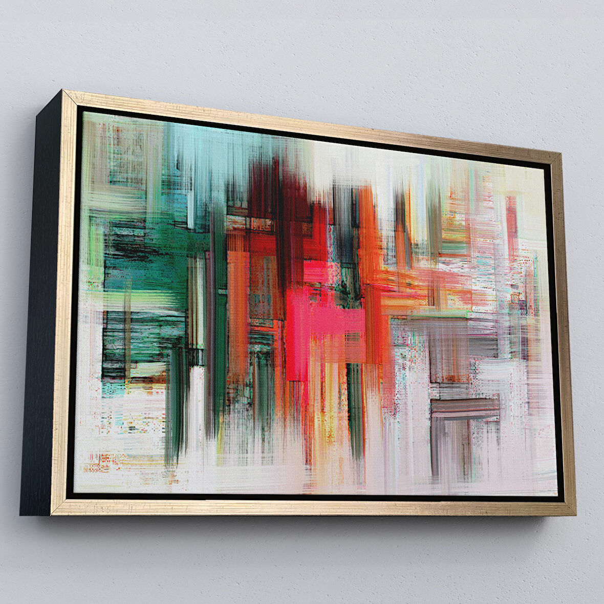 Altın Çerçeveli Fırça Darbeleri ile Soyut Yağlıboya Görünüm Dekoratif Kanvas Duvar Tablosu