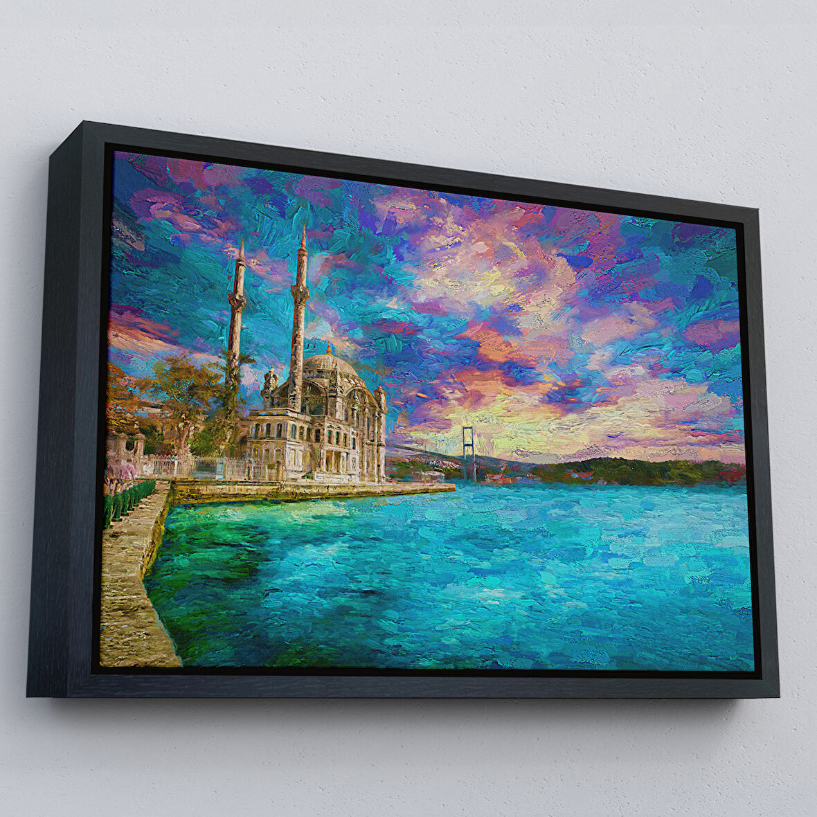 Siyah Çerçeveli Fırça Darbeleri ile Soyut Yağlıboya Görünüm Dekoratif Kanvas Duvar Tablosu