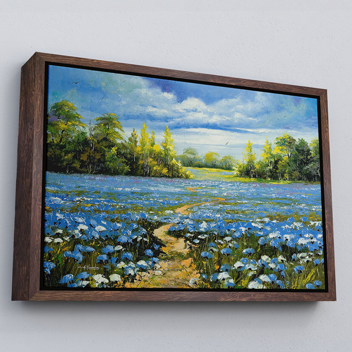 Kahverengi Çerçeveli Mavi Gelincik Tarlası Yağlıboya Görünüm Dekoratif Kanvas Duvar Tablosu