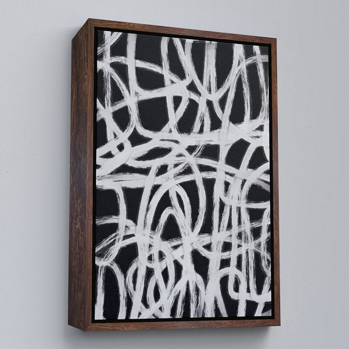 Kahverengi Çerçeveli Siyah Beyaz Soyut Çizgiler Tablosu