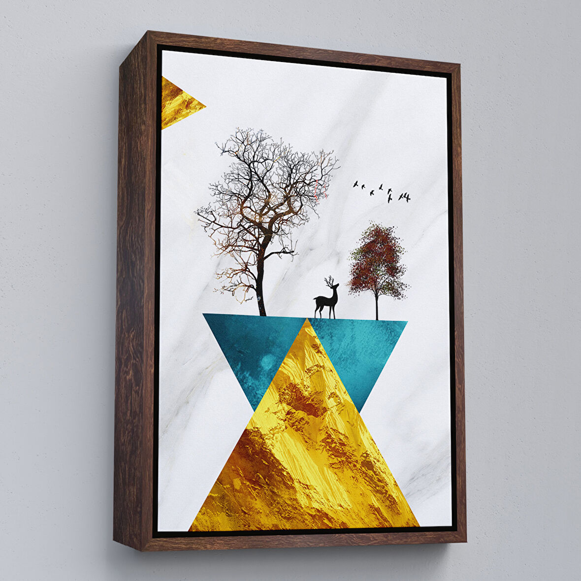 Kahverengi Çerçeveli Modern Tasarım Altın Geyikler Tablosu