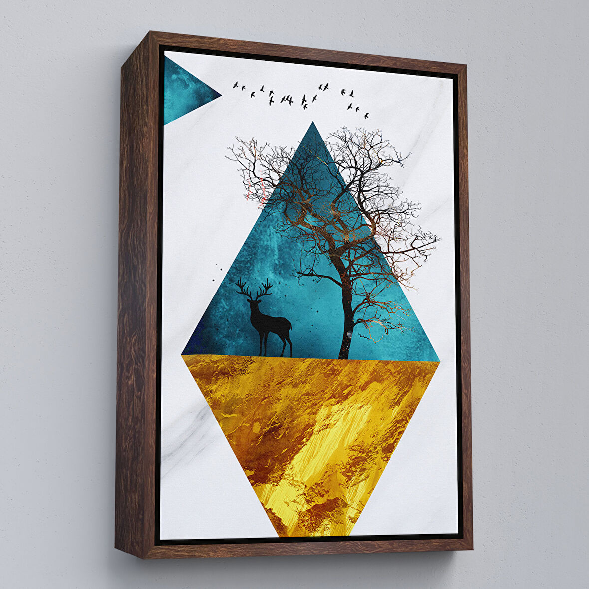 Kahverengi Çerçeveli Modern Tasarım Altın Geyikler Tablosu