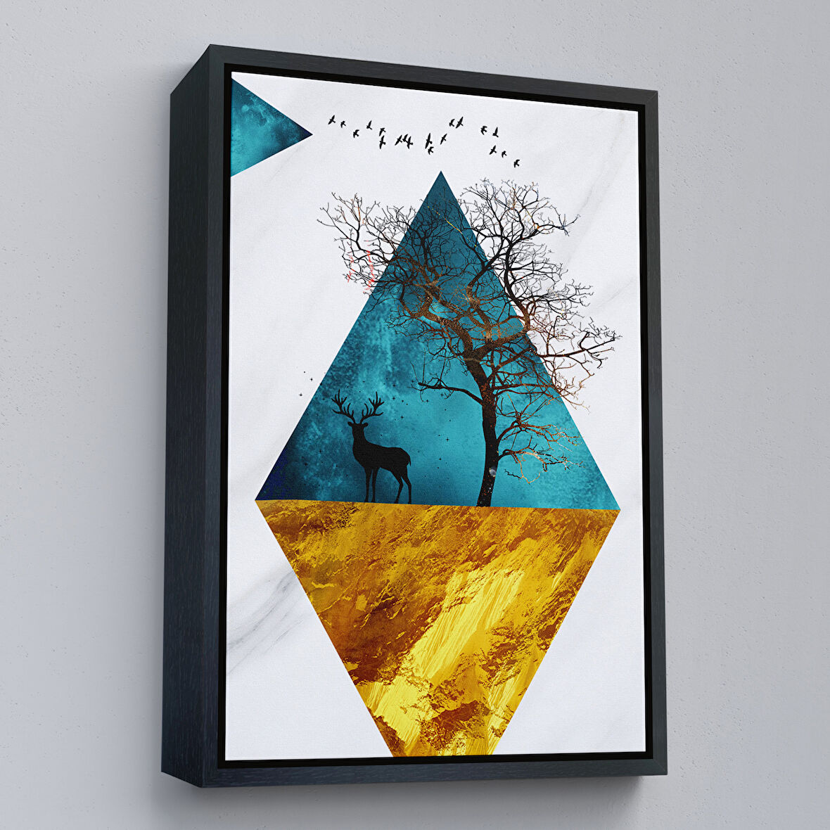 Siyah Çerçeveli Modern Tasarım Altın Geyikler Tablosu