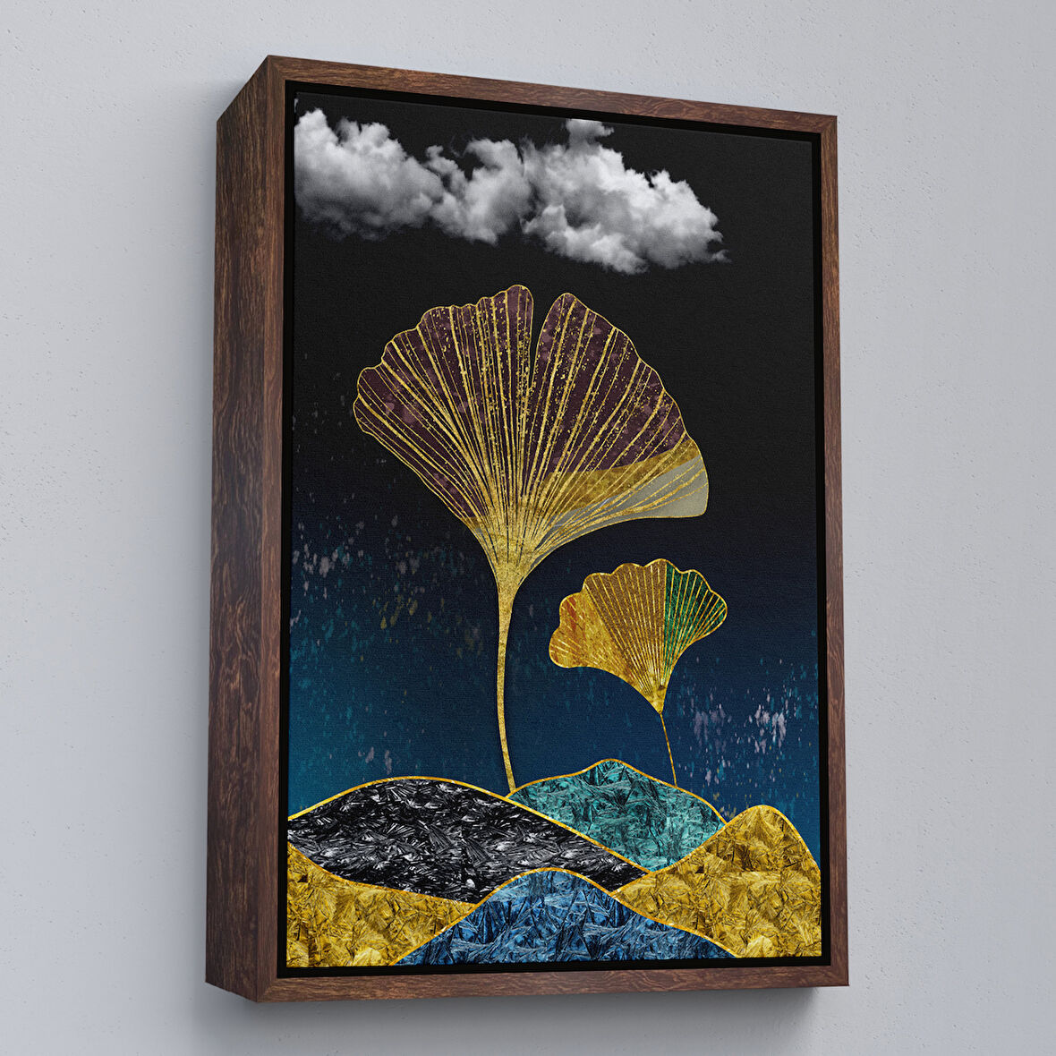 Kahverengi Çerçeveli Modern Tasarım Altın Yaprak Tablosu