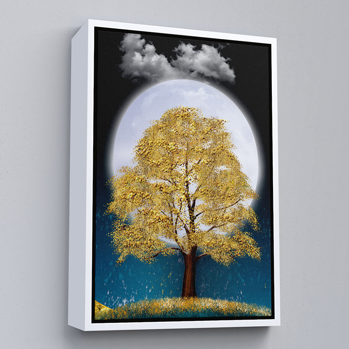 Beyaz Çerçeveli Modern Tasarım Altın Ağaç Tablosu